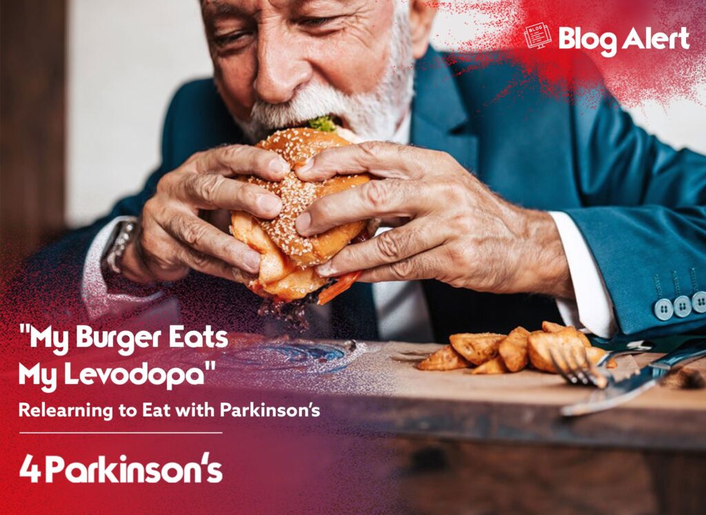 A parkinson's disease patient eating a burger